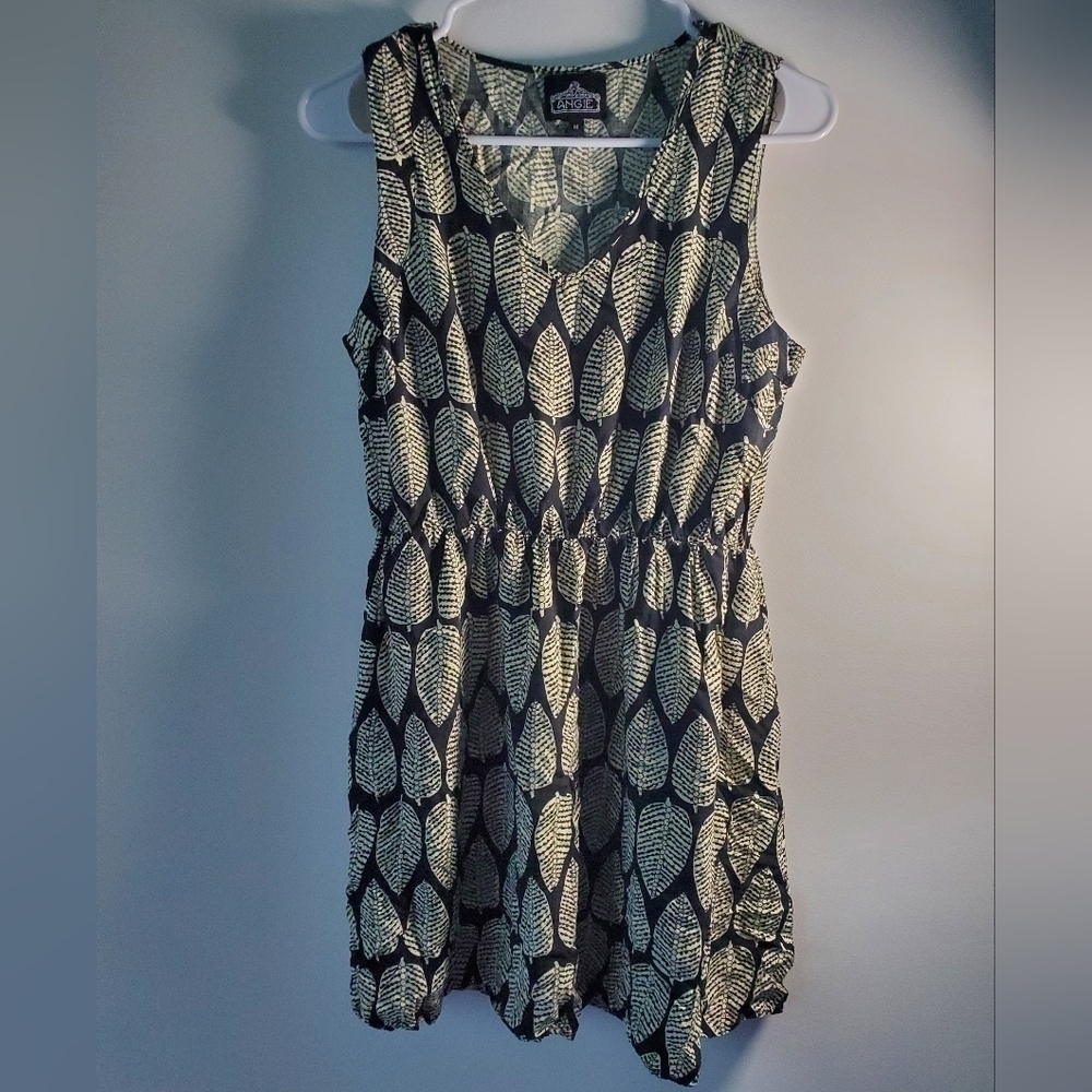 Angie Cream Colored Leaf Stretchy Waistband Sun Dress